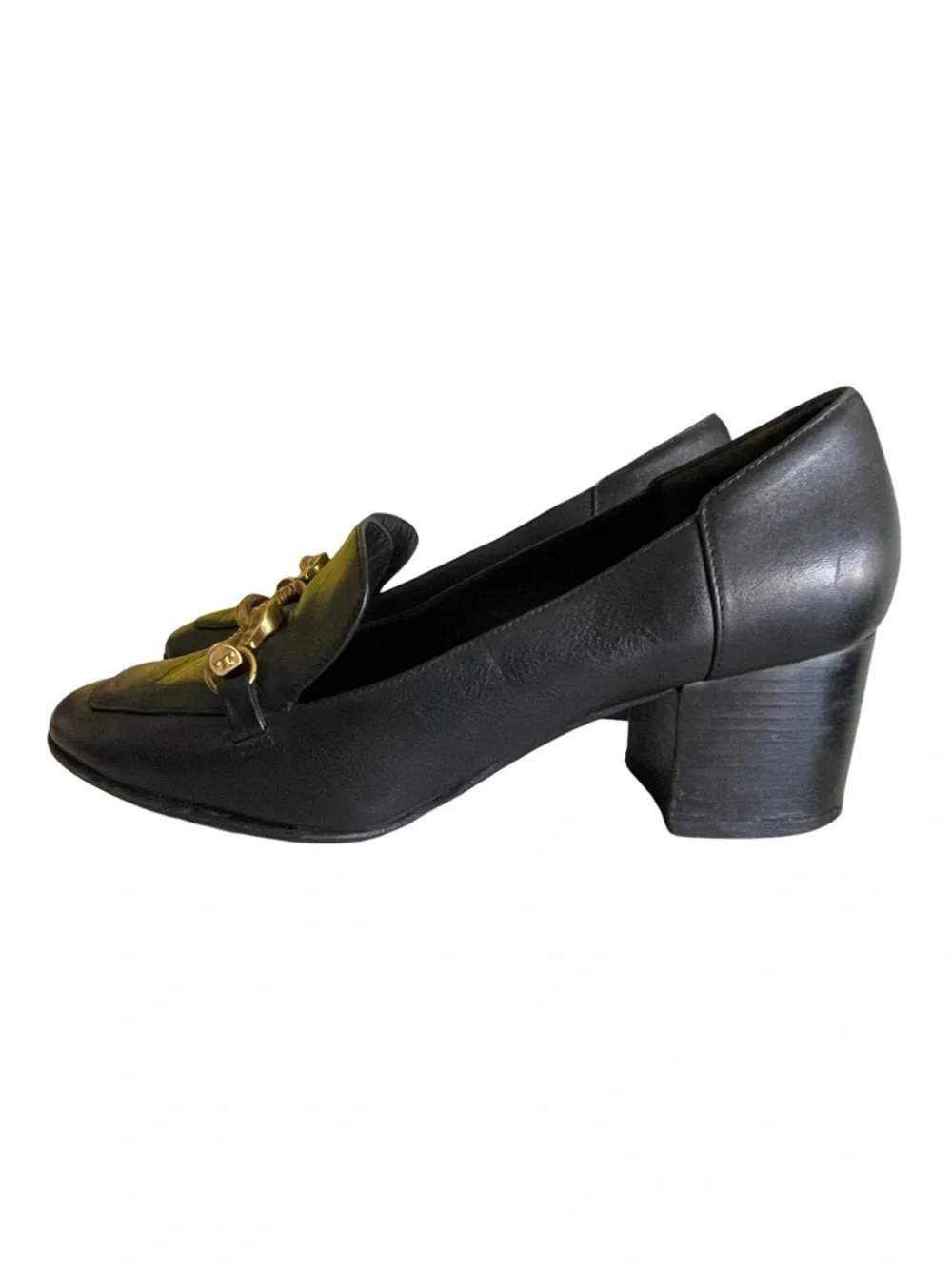 Tory Burch Jessa Black Leather Block Heel Loafers Gold Horsebit Detail Size 8.5